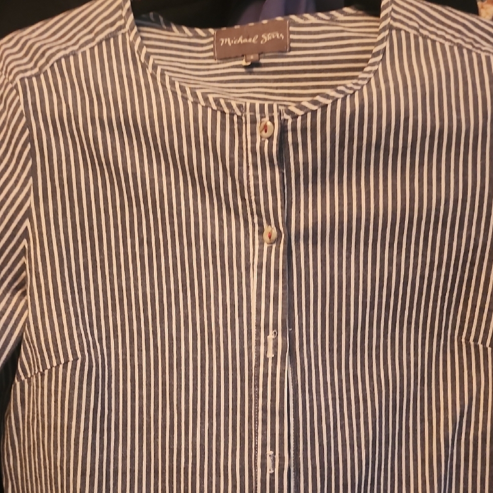 Michael Stars Navy & White Vertical Stripe Button-Up Top
